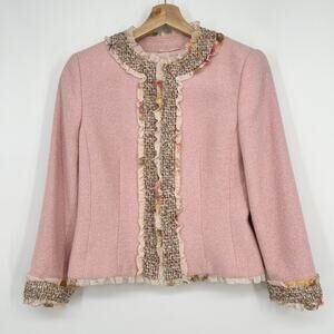 Escada Wool Blend Tweed Blazer Jacket Womens EU 36 US S Pink Silk Ruffle Short